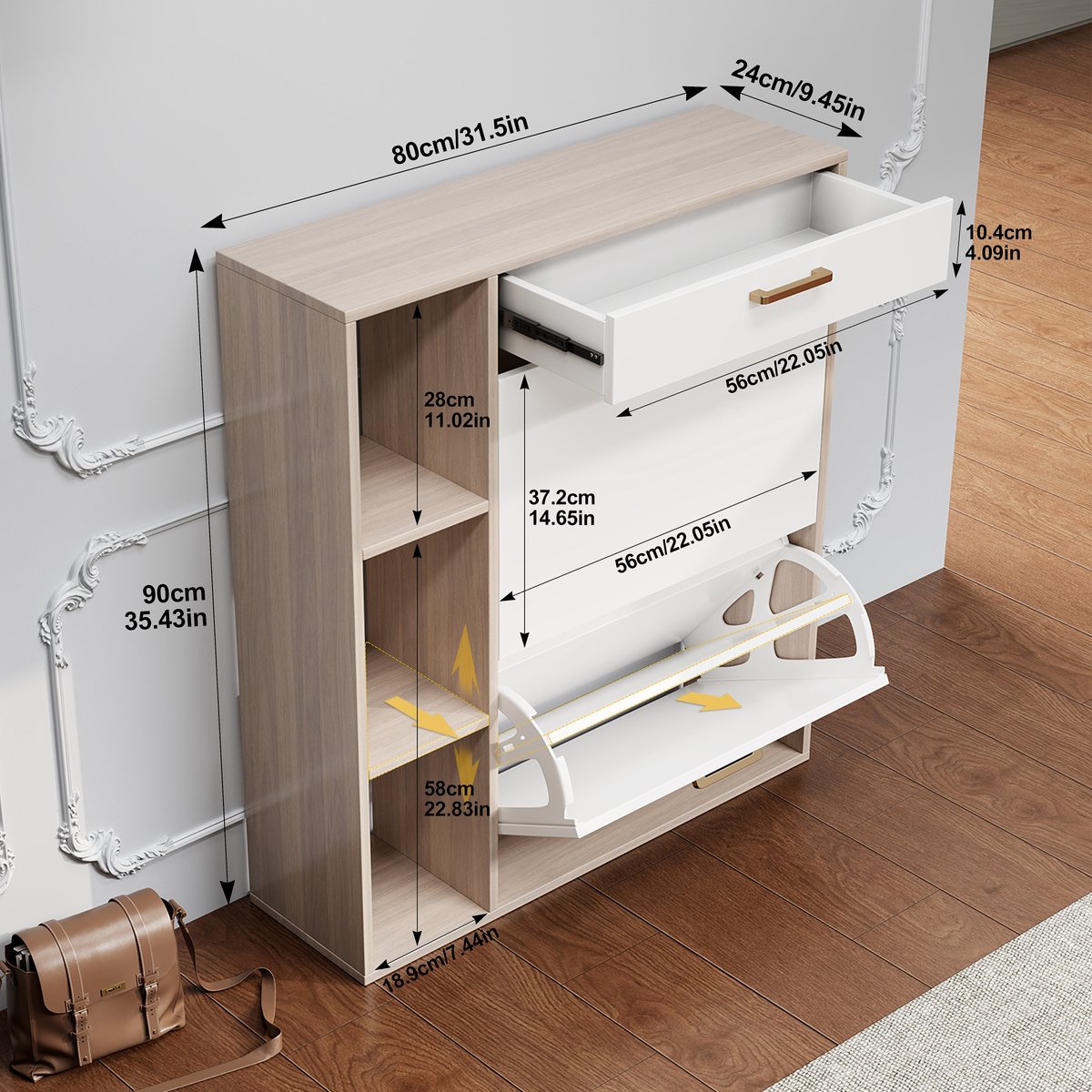 Wooden Shoe Cabinet with 2 Flip Drawers Pull Down Shoe Storage Organizer Cupboard Shoes Rack Cabinet for Entrance Area Hallway Living Rooms White (3700267638813)