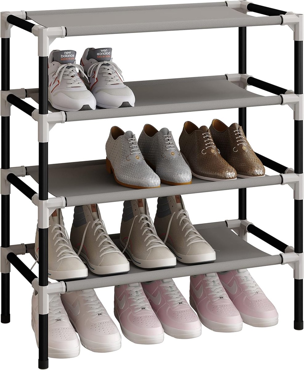Zwarte schoenenrek opbergrek met 4 niveaus, houder en standaard voor 12 paar schoenen, extra stevig ontwerp met 16 mm verdikte buizen. (8998339306554)