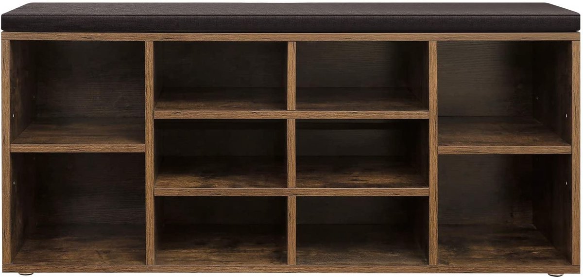 schoenenrek, schoenenrek, bank, 10 vakken, met bekleding, voor entree, gang, slaapkamer, 104 x 30 x 48 cm, vintage, donkerbruin (5487567355234)
