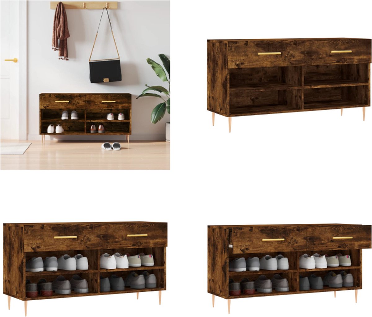 vidaXL Schoenenbank 102x35x55 cm bewerkt hout gerookt eikenkleurig - Schoenenbank - Schoenenbanken - Opbergbank - Schoenenkast (8721114872704)