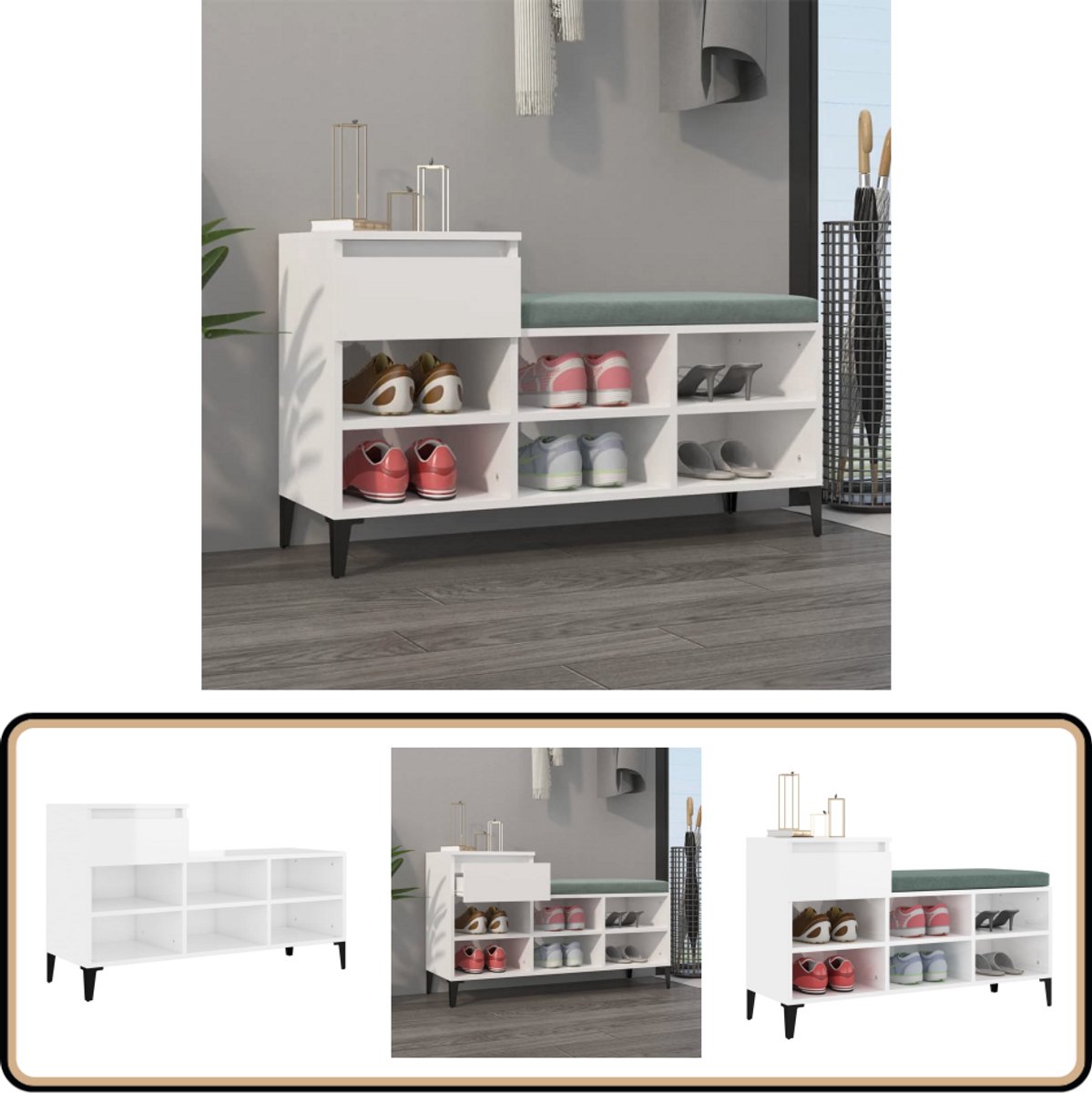 vidaXL Schoenenkast - 102x36x60 cm - Hoogglans Wit Schoenenkast - Schoenen Rek - Schoenuitlegger - Bergruimte - Opslag (8041568822583)