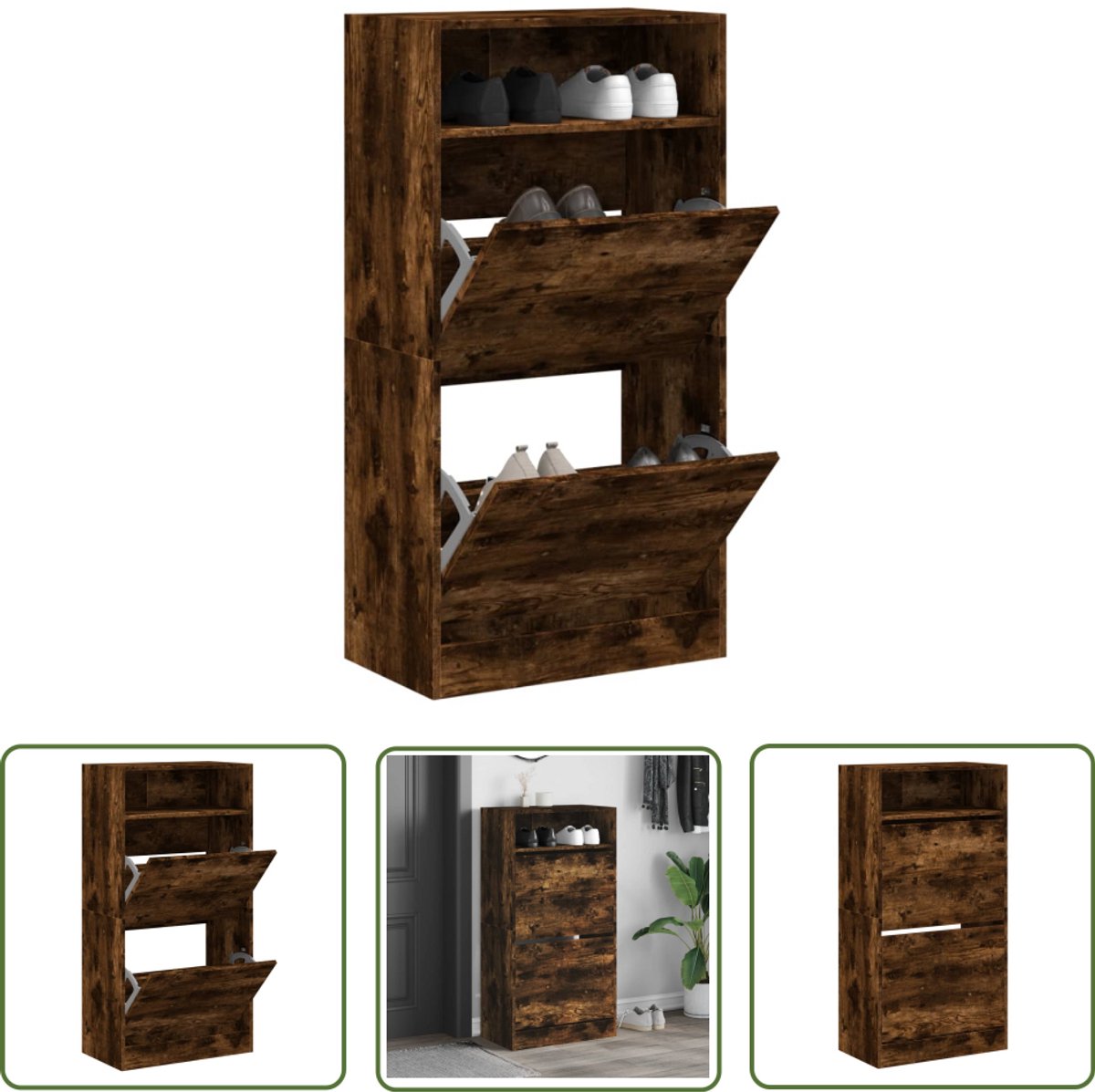 vidaXL Schoenenopbergkast - Schoenenkast - Schoenenkast 60x34x116 cm bewerkt hout gerookt eikenkleurig - Smal Meubel - Compact Meubel - Bruine Schoenenkast (8721194399290)